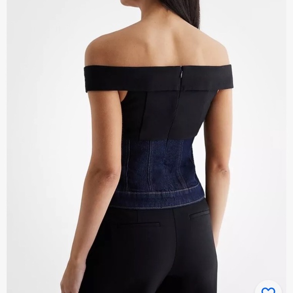 Express Blouse Women Blue Denim Twill Off the Shoulder Button Front Corset Top 2 - Picture 3 of 6